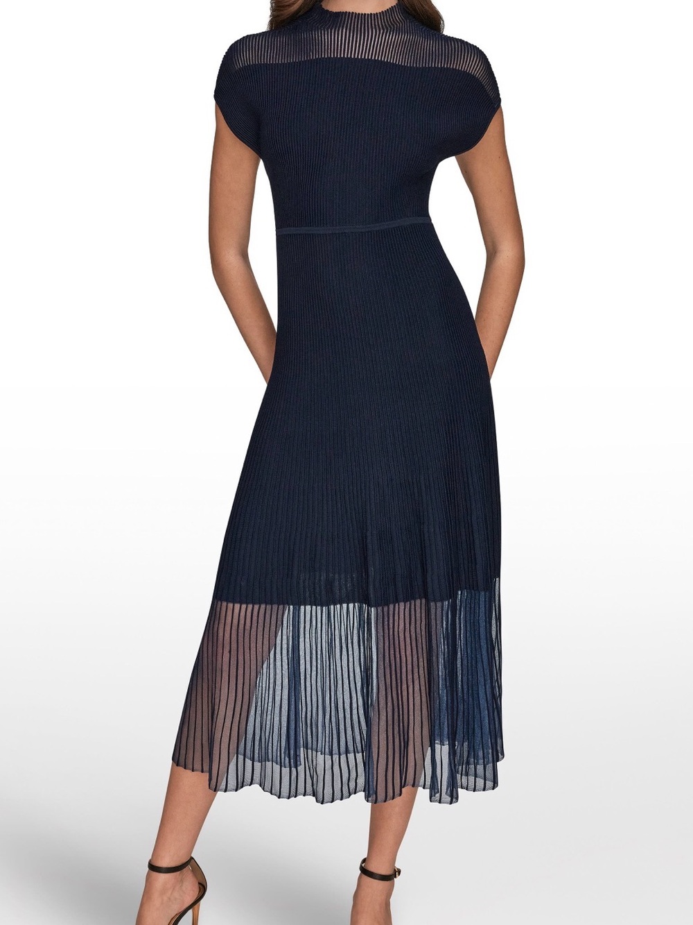 Donna Karan Navy Pleated Midi Dress